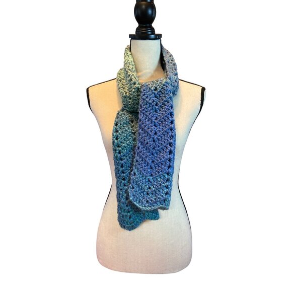 Womens Handmade Chrochet Scarf Rectangle Blue Green Boho Retro - Picture 1 of 5